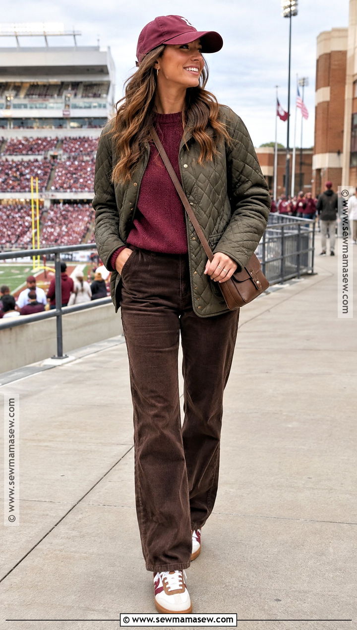 Quilted Jacket and Corduroy Pants Gameday Outfit - 20 fall gameday outfit ideas