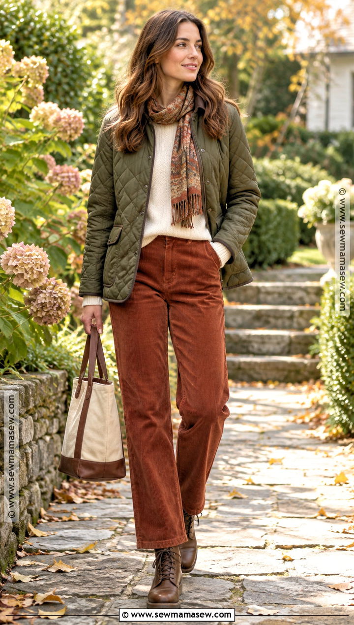 Quilted Jacket and Corduroy Pants Outfit - 15 cozy season outfits