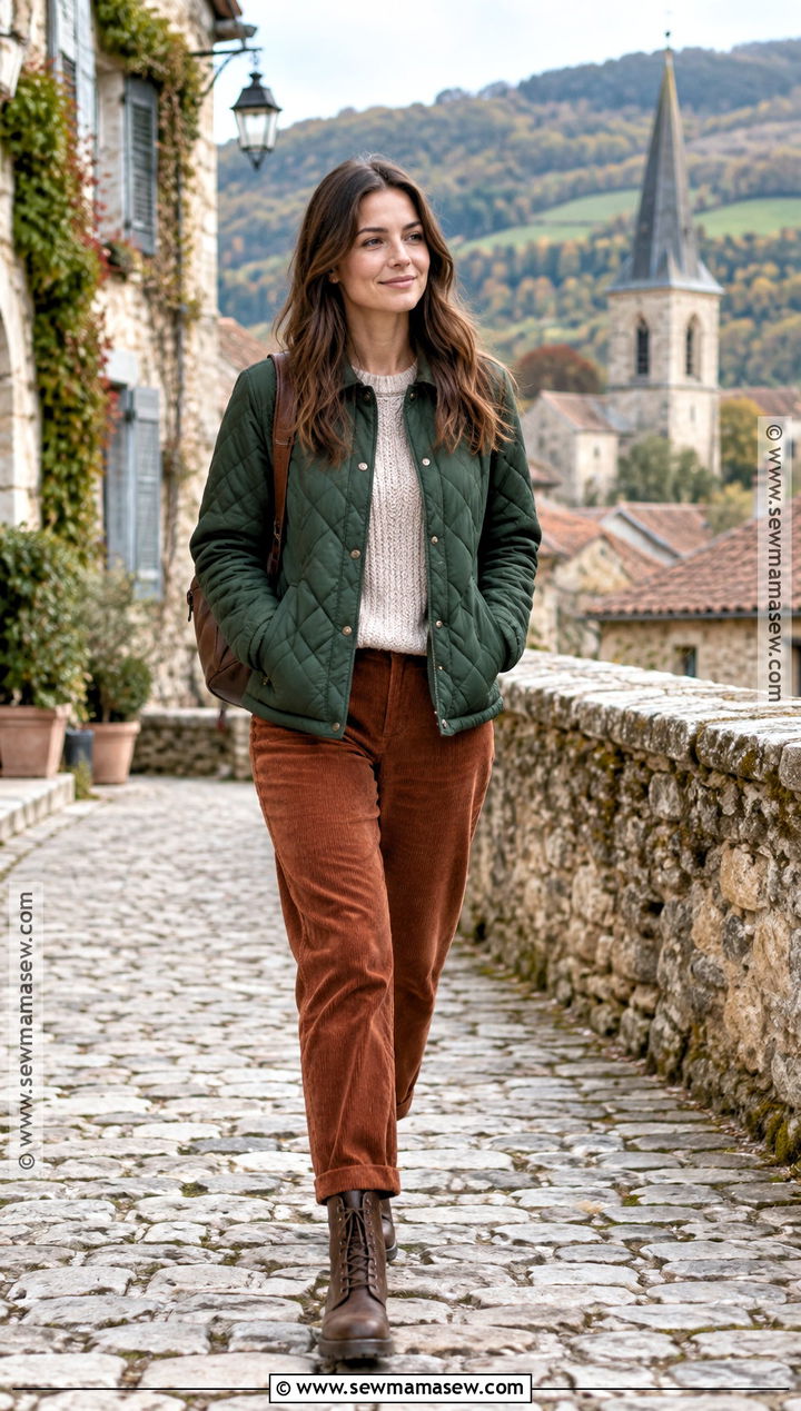 Quilted Jacket and Corduroy Pants Outfit for Europe in Fall - 20 europe in the fall outfits