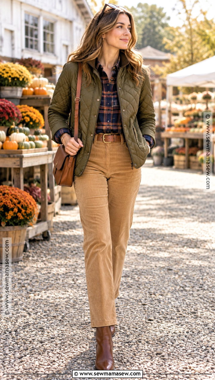 Quilted Jacket and Corduroy Pants Preppy Fall Outfit - 20 Preppy Fall Outfits for Women