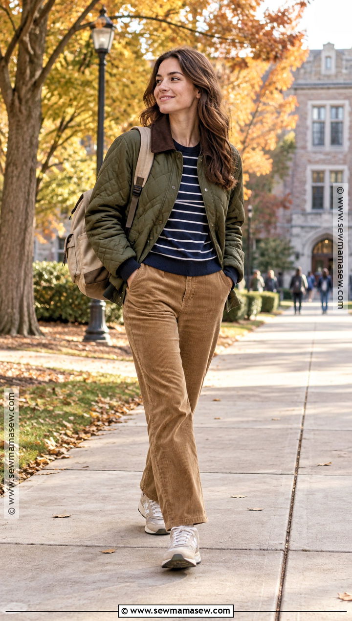 Quilted Jacket and Corduroy Pants University Outfit - 20 university outfit autumn ideas