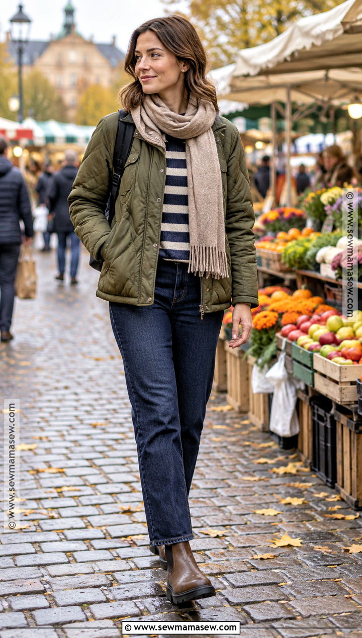 Quilted Jacket and Dark Jeans for Europe - 15 europe tourist outfit fall ideas