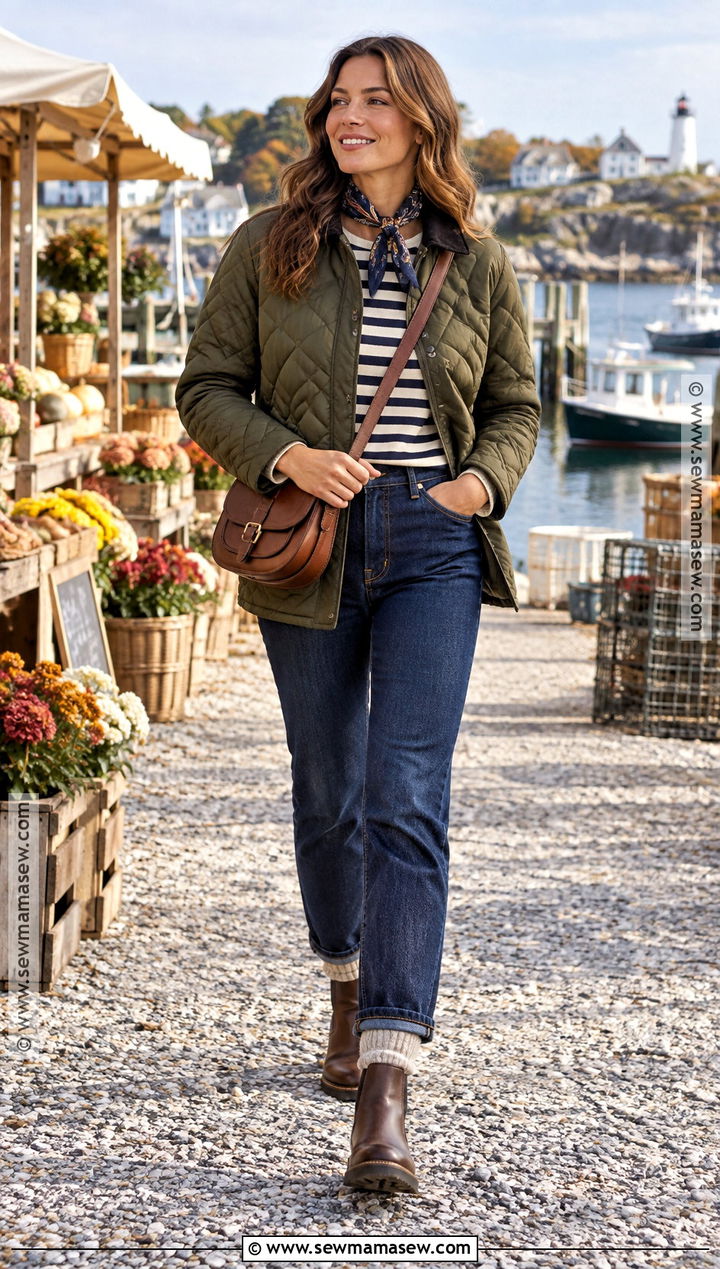 Quilted Jacket and Dark Wash Jeans Coastal Fall Outfit - 25 Coastal Fall Outfits