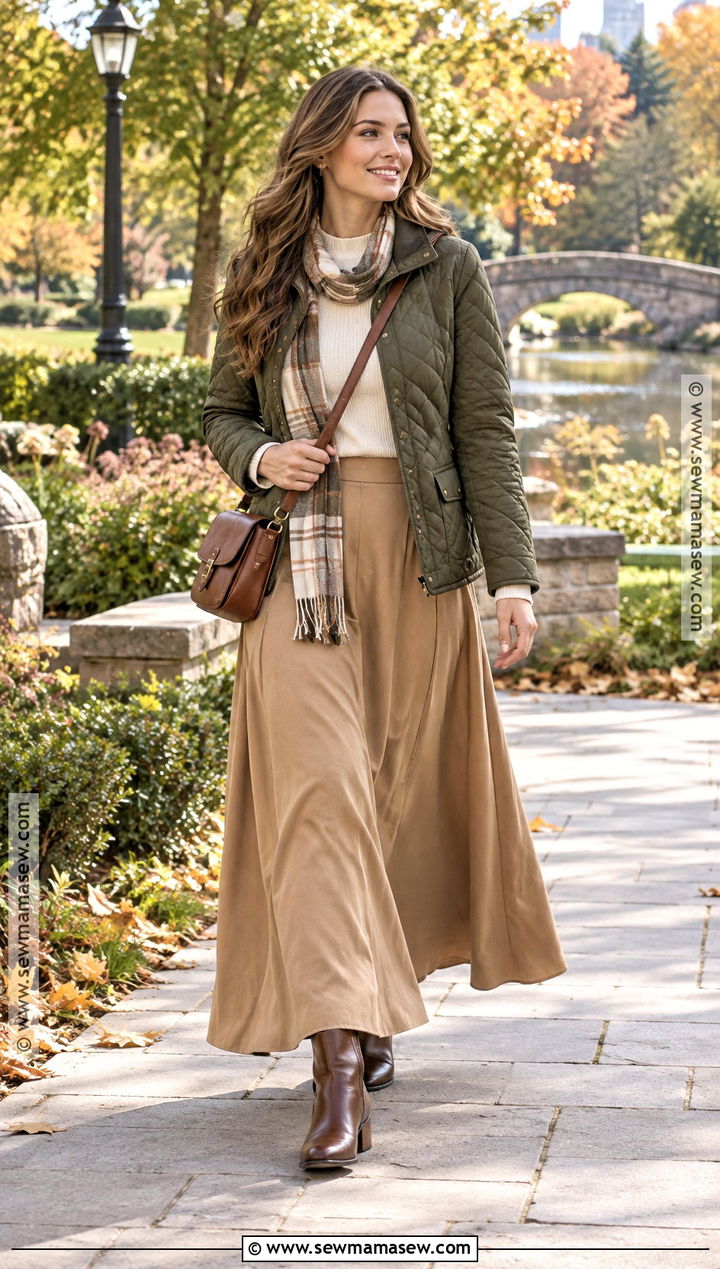 Quilted Jacket and Maxi Skirt Fall Outfit - 15 Fall Conservative Outfits