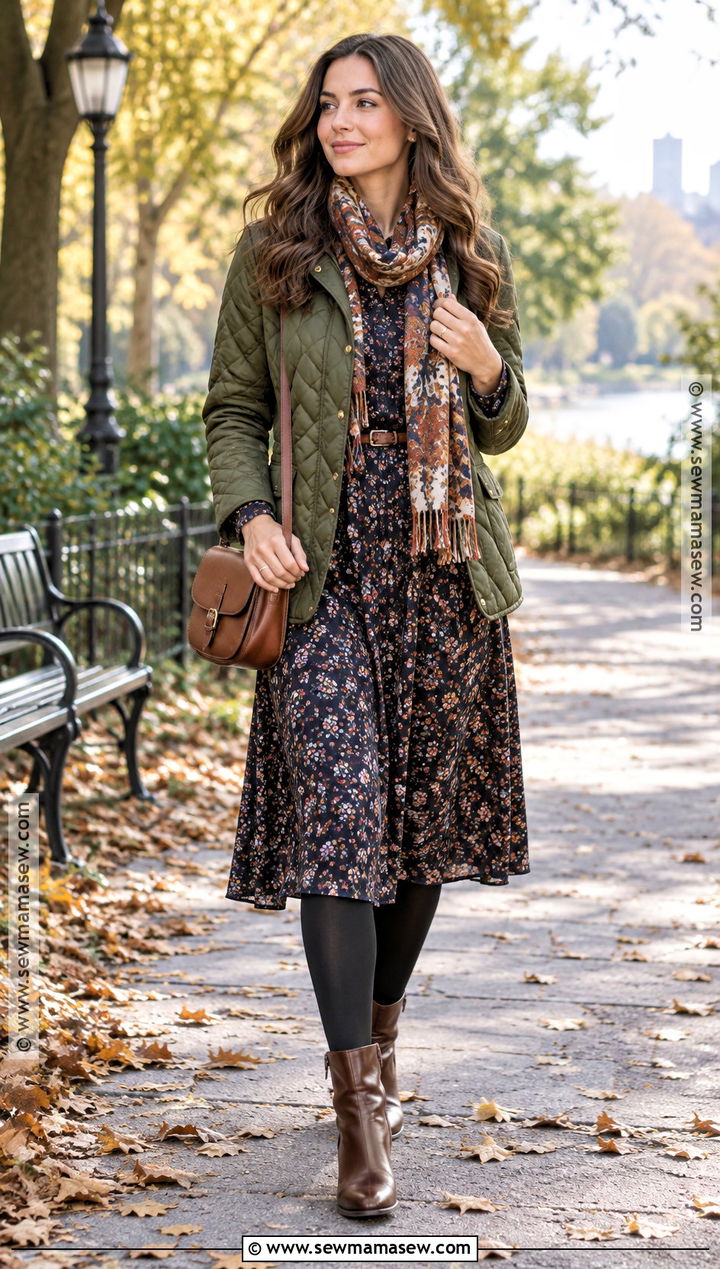 Quilted Jacket and Midi Dress Fall Outfit - 20 style for fall ideas