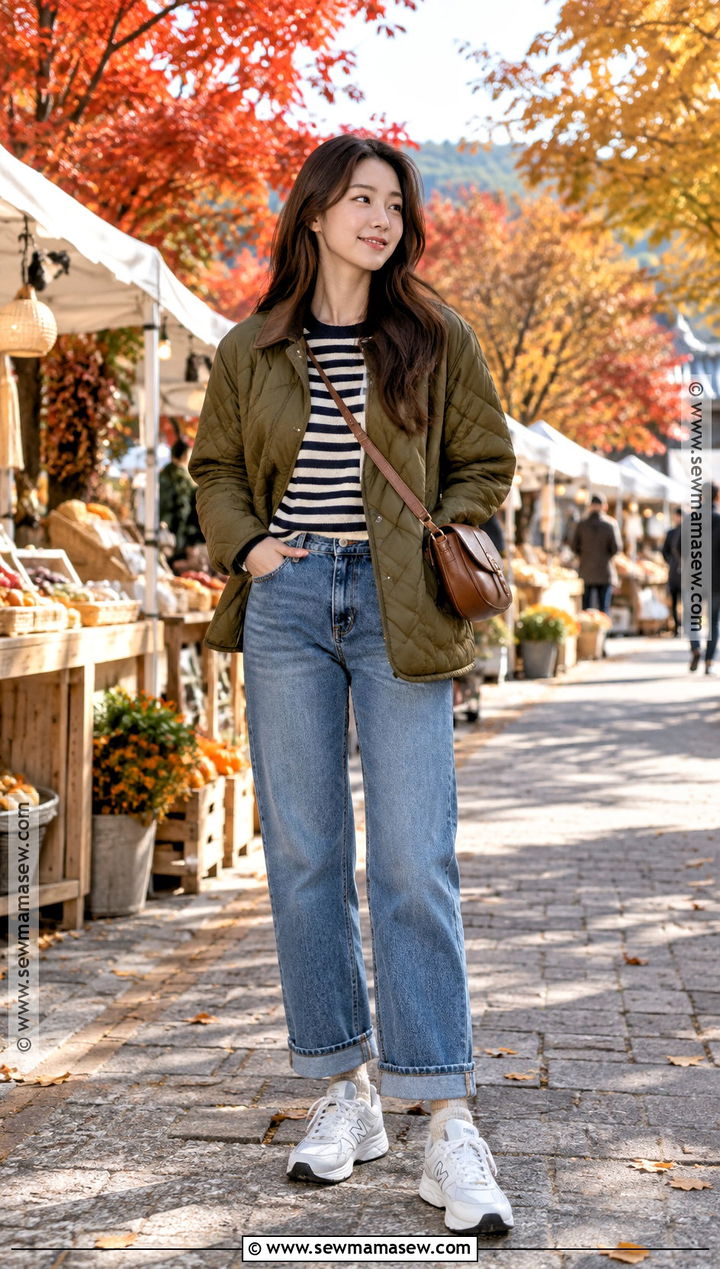 Quilted Jacket and Relaxed Jeans Autumn Outfit - 20 autumn in korea outfit ideas