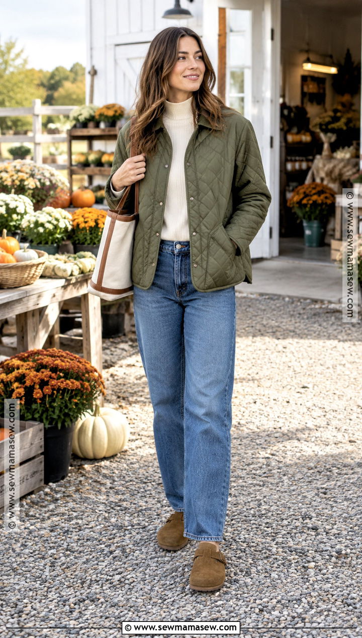 Quilted Jacket and Relaxed Jeans Fall Outfit - 20 calm fall outfits