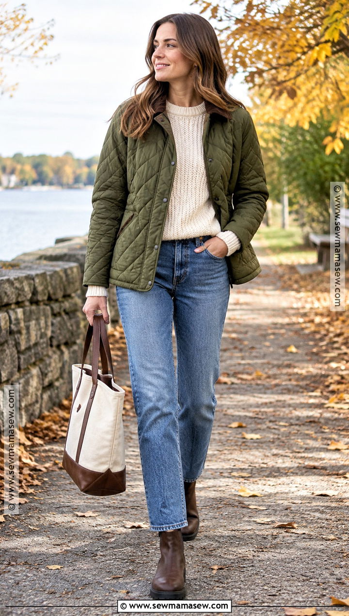 Quilted Jacket and Straight Leg Jeans Autumn Outfit - 20 classic autumn outfits