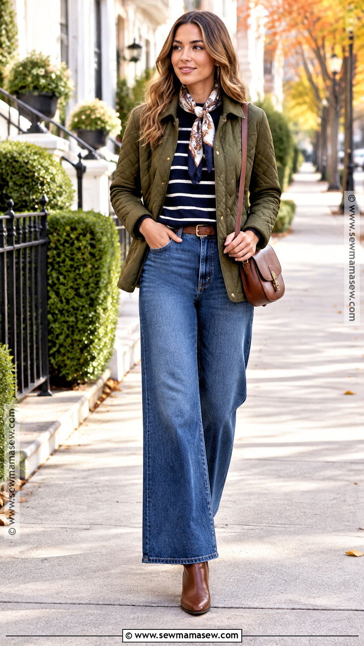 Quilted Jacket and Wide Leg Jeans Fall Outfit - 20 warm outfits for fall
