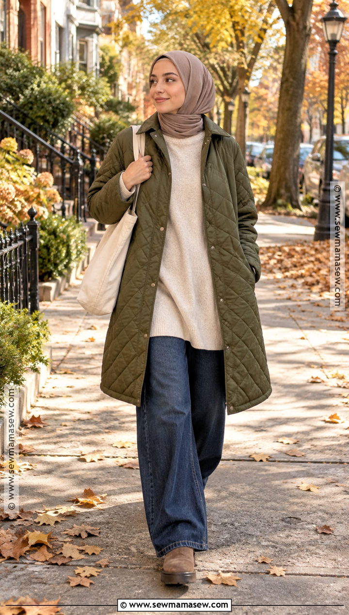 Quilted Jacket and Wide Leg Jeans Hijab Outfit - 25 fall hijab outfits