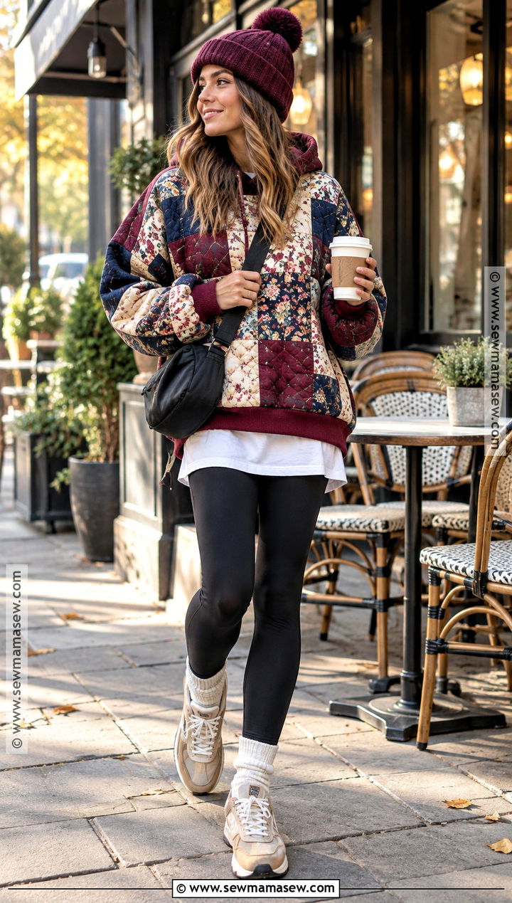 Quilted Patchwork Hoodie With Black Leggings - 20 Fall Patchwork Hoodie Ideas