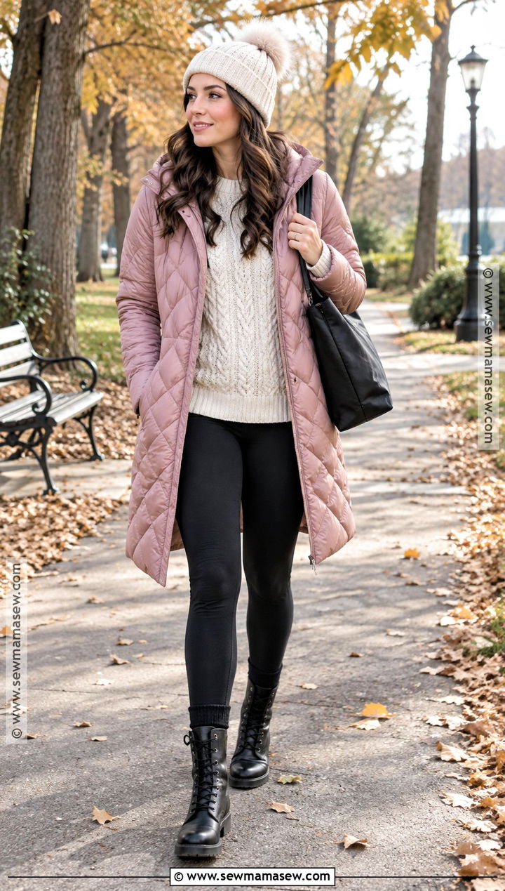 Quilted Pink Jacket With Black Leggings - 15 autumn pink jacket ideas