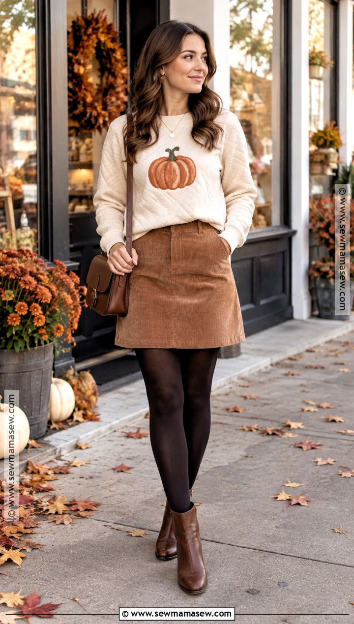 Quilted Pumpkin Sweatshirt With A Corduroy Skirt - 20 Quilted Pumpkin Sweatshirt Ideas