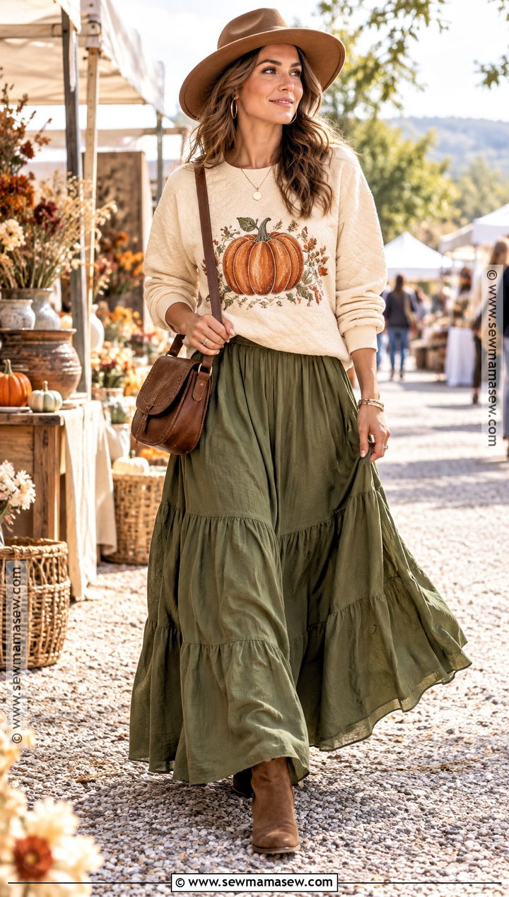 Quilted Pumpkin Sweatshirt With A Maxi Skirt - 20 Quilted Pumpkin Sweatshirt Ideas