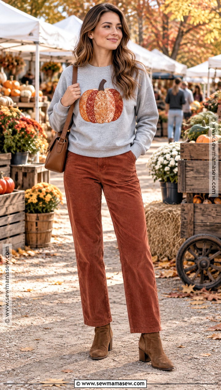 Quilted Pumpkin Sweatshirt With Corduroy Pants - 20 Quilted Pumpkin Sweatshirt Ideas