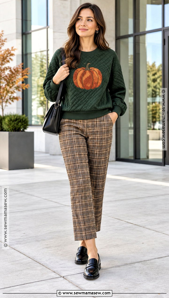 Quilted Pumpkin Sweatshirt With Plaid Pants - 20 Quilted Pumpkin Sweatshirt Ideas