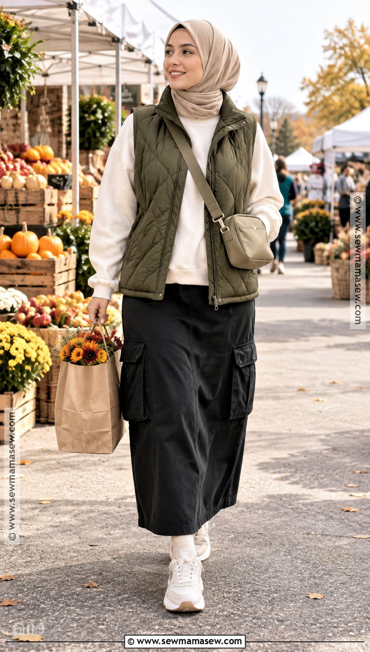 Quilted Vest And Cargo Skirt Hijab Outfit - 20 fall outfits women hijab