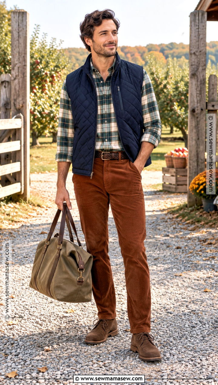 Quilted Vest And Corduroy Pants Fall Outfit - 20 mens fall outfit ideas