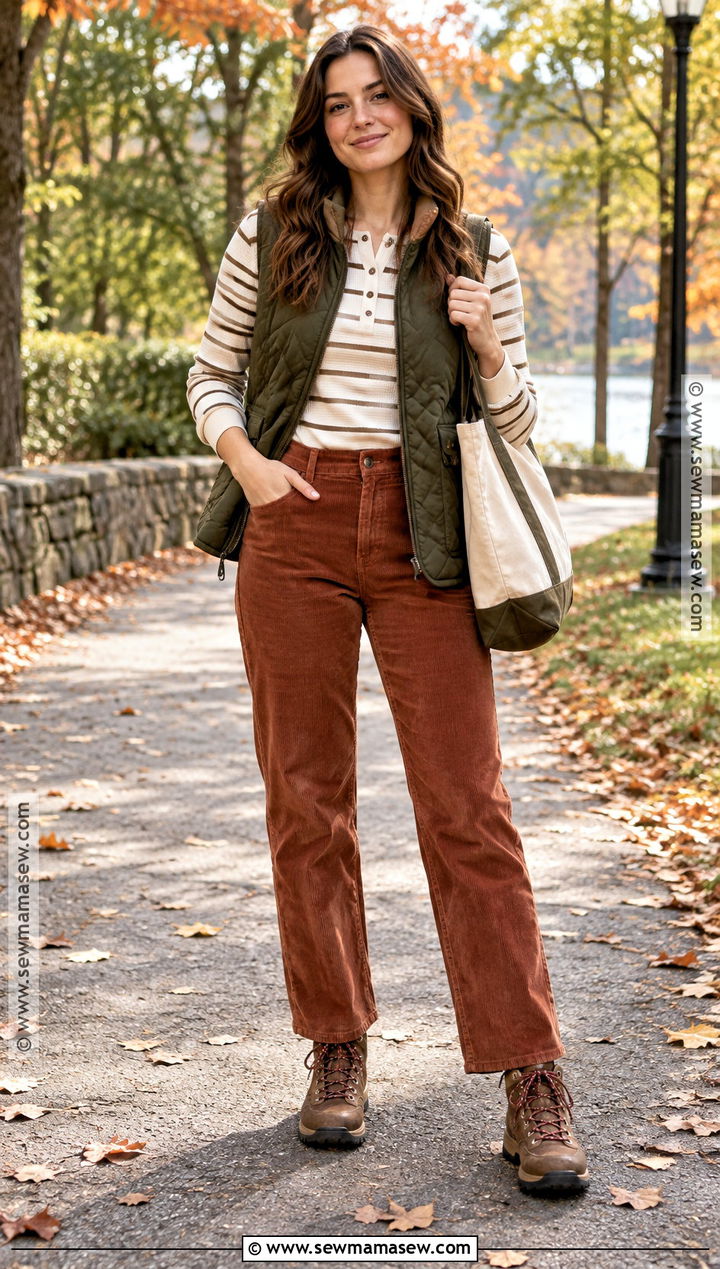 Quilted Vest And Corduroy Pants Fall Outfit - 15 Cute Fall Outfits For 2026