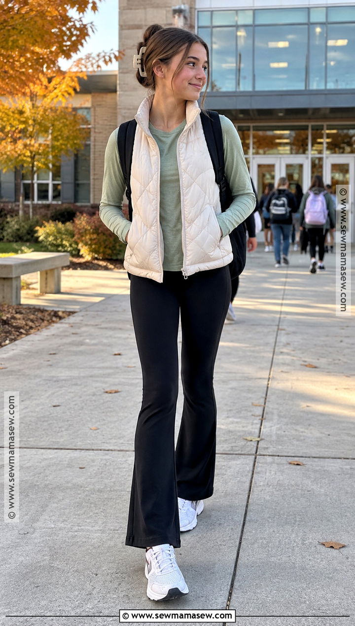 Quilted Vest And Flare Leggings Outfit - 20 cute back to school outfits for 8th