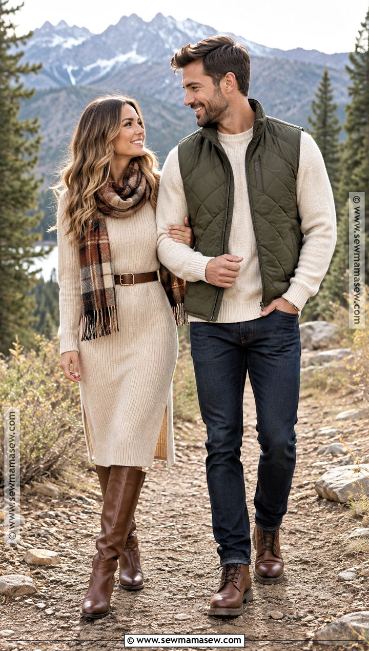 Quilted Vest And Knit Dress Fall Couple Outfit - 25 fall photo shoot outfits for couples