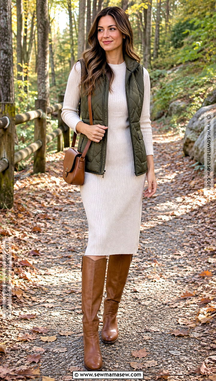 Quilted Vest And Knit Dress Fall Picture Outfit - 20 fall picture outfits for women