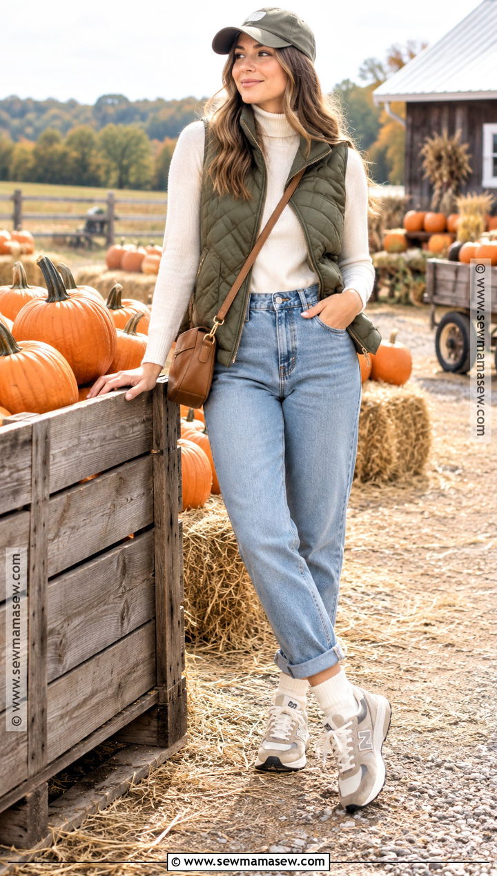 Quilted Vest And Mom Jeans Pumpkin Patch Outfit - 20 Mom Pumpkin Patch Outfit Ideas