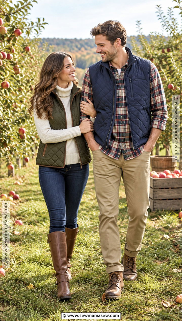 Quilted Vest And Plaid Shirt Couples Fall Photoshoot Outfit - 25 couples fall photoshoot outfits