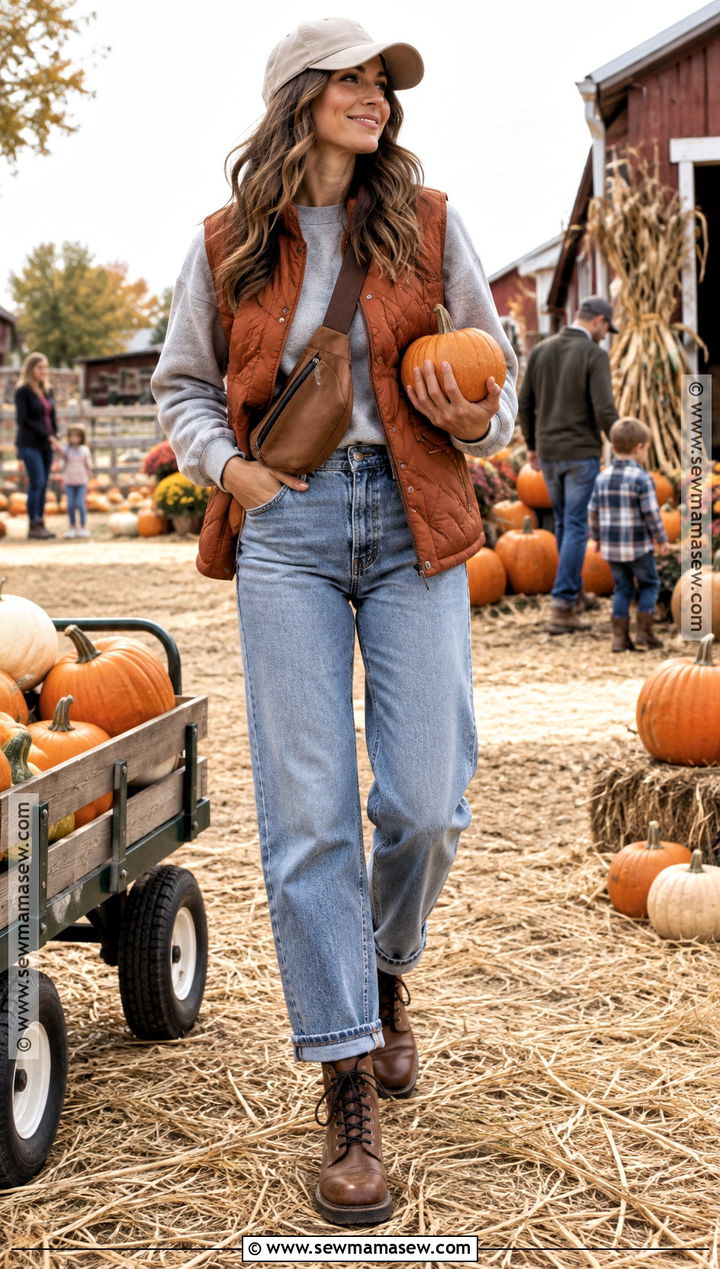 Quilted Vest And Relaxed Jeans Pumpkin Patch Outfit - 20 Pumpkin Patch Aesthetic Outfits