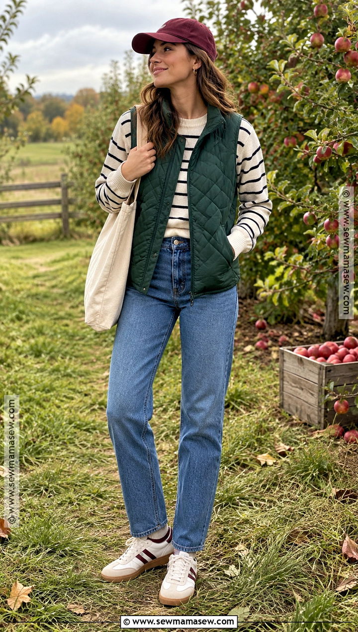 Quilted Vest And Straight Jeans With Sneakers - 15 fall outfit inspiration with sneakers