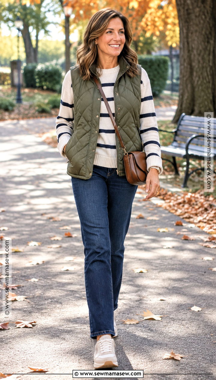 Quilted Vest Fall Outfit With Jeans And Sneakers - 20 casual fall outfits for women over 40