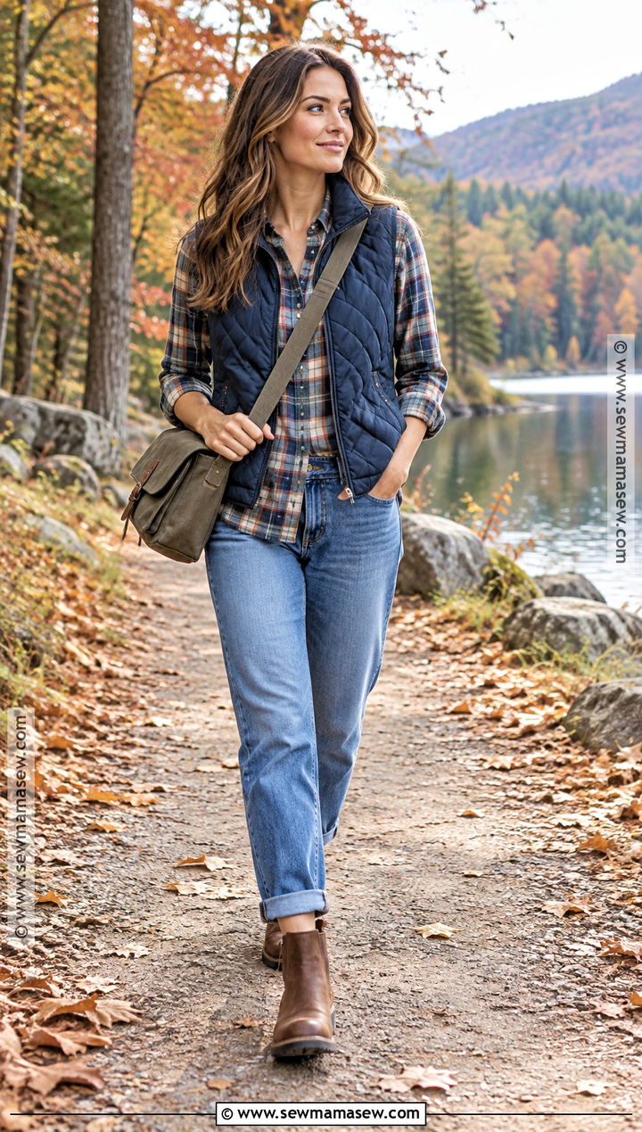 Quilted Vest Flannel Shirt And Relaxed Jeans Fall Outfit - 25 fall fit ideas
