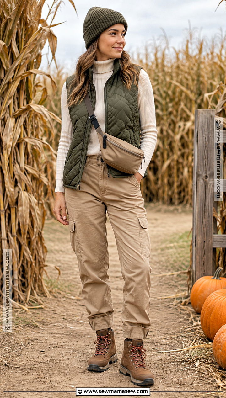Quilted Vest Pumpkin Patch Outfit With Cargo Pants - 25 pumpkin patch outfit ideas for women