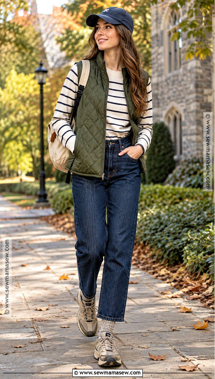 Quilted Vest Striped Tee And Straight Jeans Campus Outfit - 15 autumn campus outfits