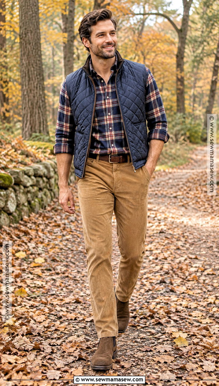 Quilted Vest With A Plaid Shirt And Corduroy Pants - 15 fall family photo outfits for men