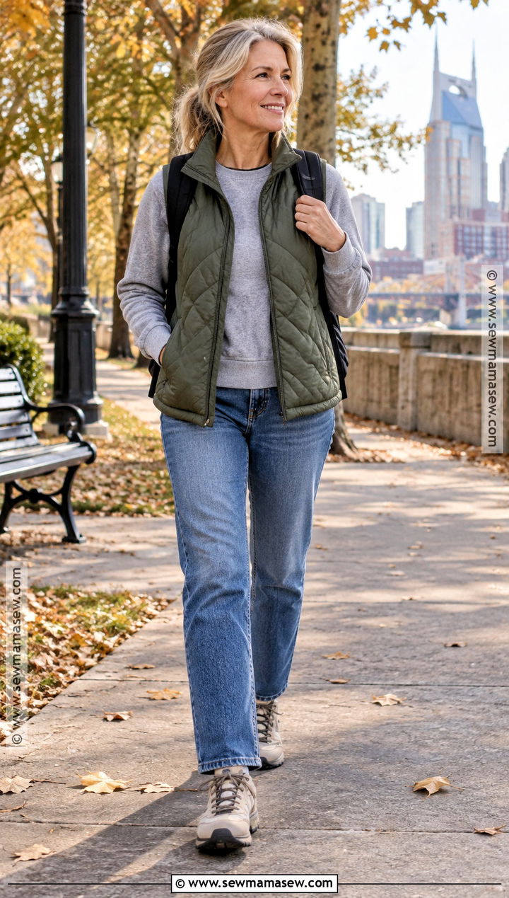 Quilted Vest With A Sweatshirt And Jeans - 20 Casual Nashville Outfit Fall Ideas