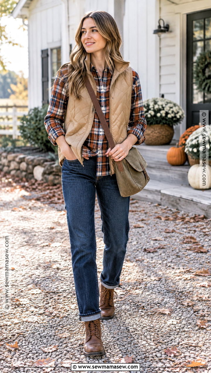 Quilted Vest With Flannel Shirt And Jeans - 25 fall vest outfits