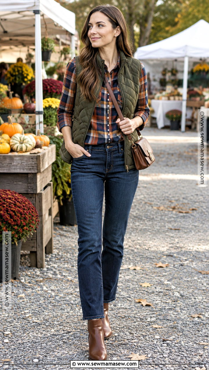 Quilted Vest With Flannel Shirt And Jeans - 20 vest outfit fall ideas