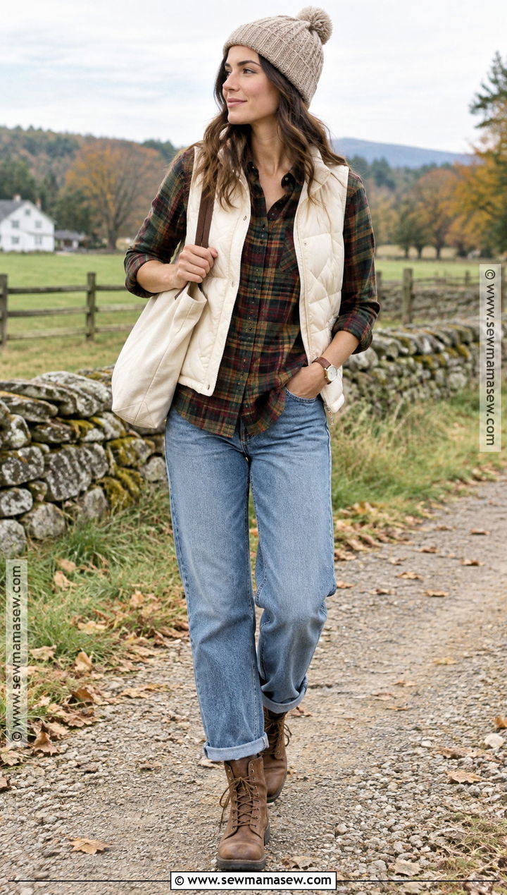 Quilted Vest With Flannel Shirt And Relaxed Jeans - 15 Fall Vest Outfits for Women 2026