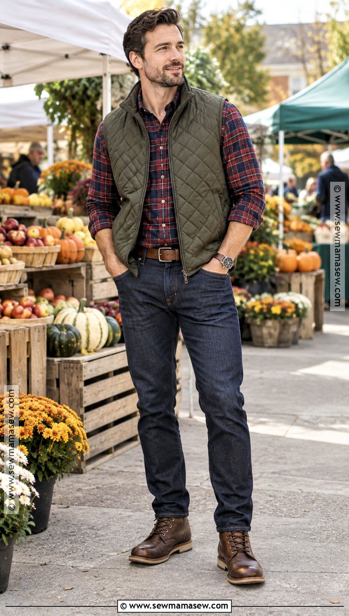 Quilted Vest With Flannel and Jeans - 15 Mens Fall Vest Outfit Ideas