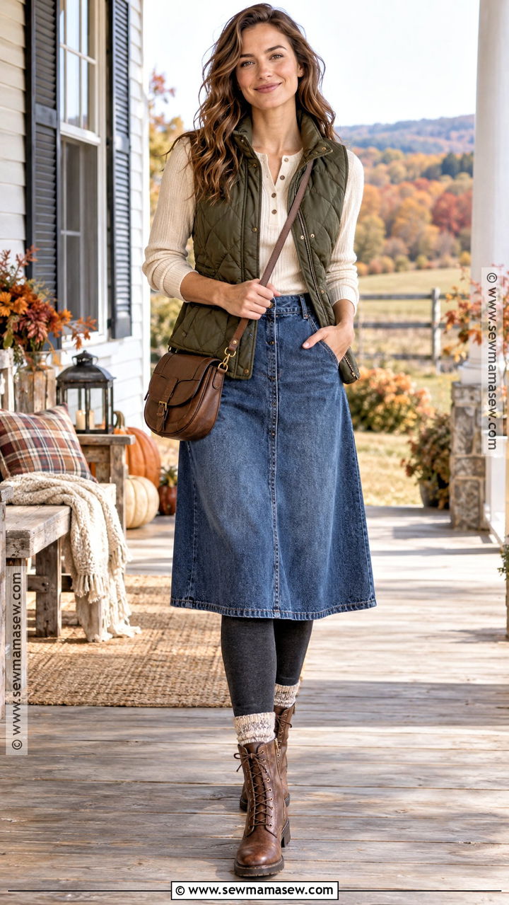 Quilted Vest With Jean Midi Skirt And Henley - 20 Jean Skirt Thanksgiving Outfits