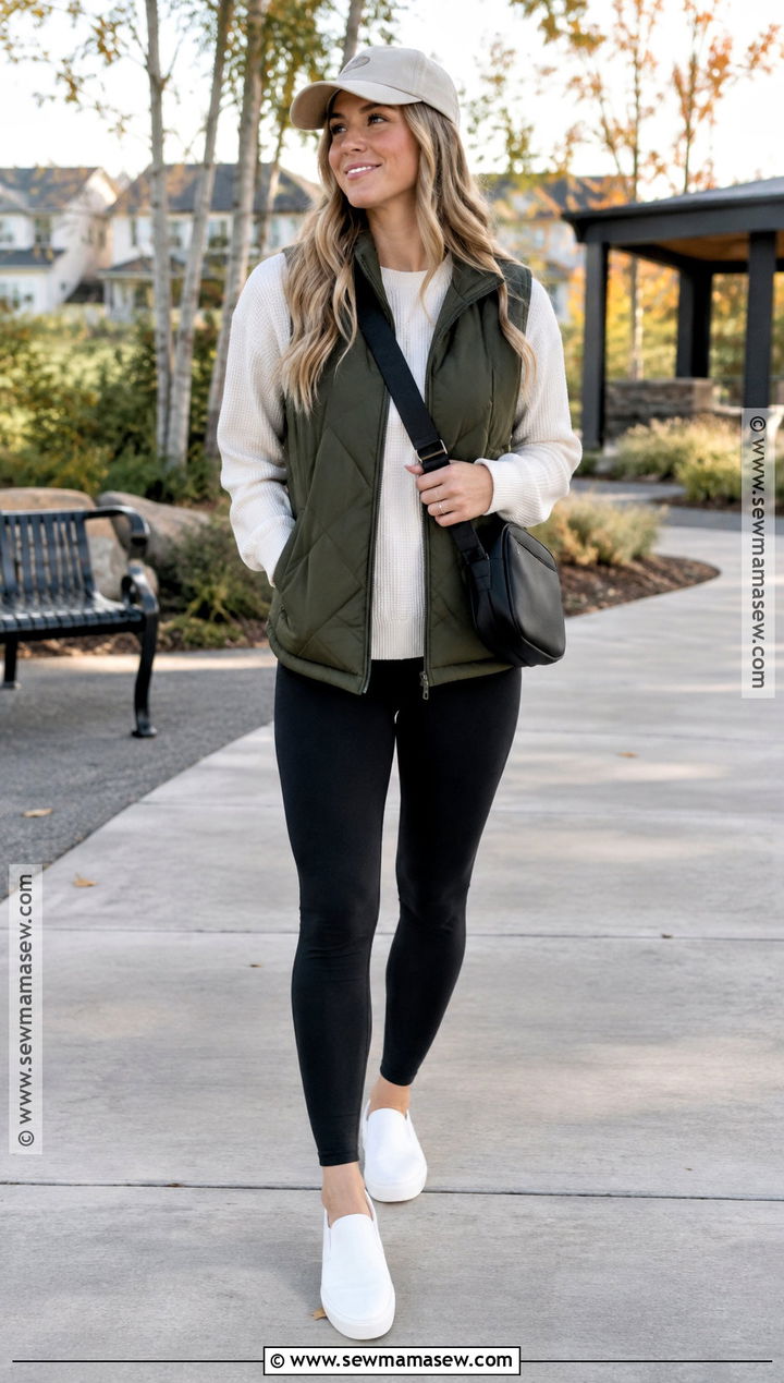 Quilted Vest With Long Sleeve Top Leggings and Slip On Sneakers - 20 Simple Fall Outfits for Moms