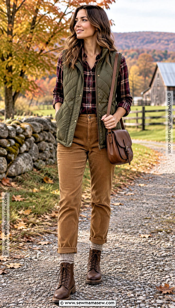 Quilted Vest With Plaid Shirt And Corduroy Pants - 15 Outfit Ideas With Vests Fall Fashion