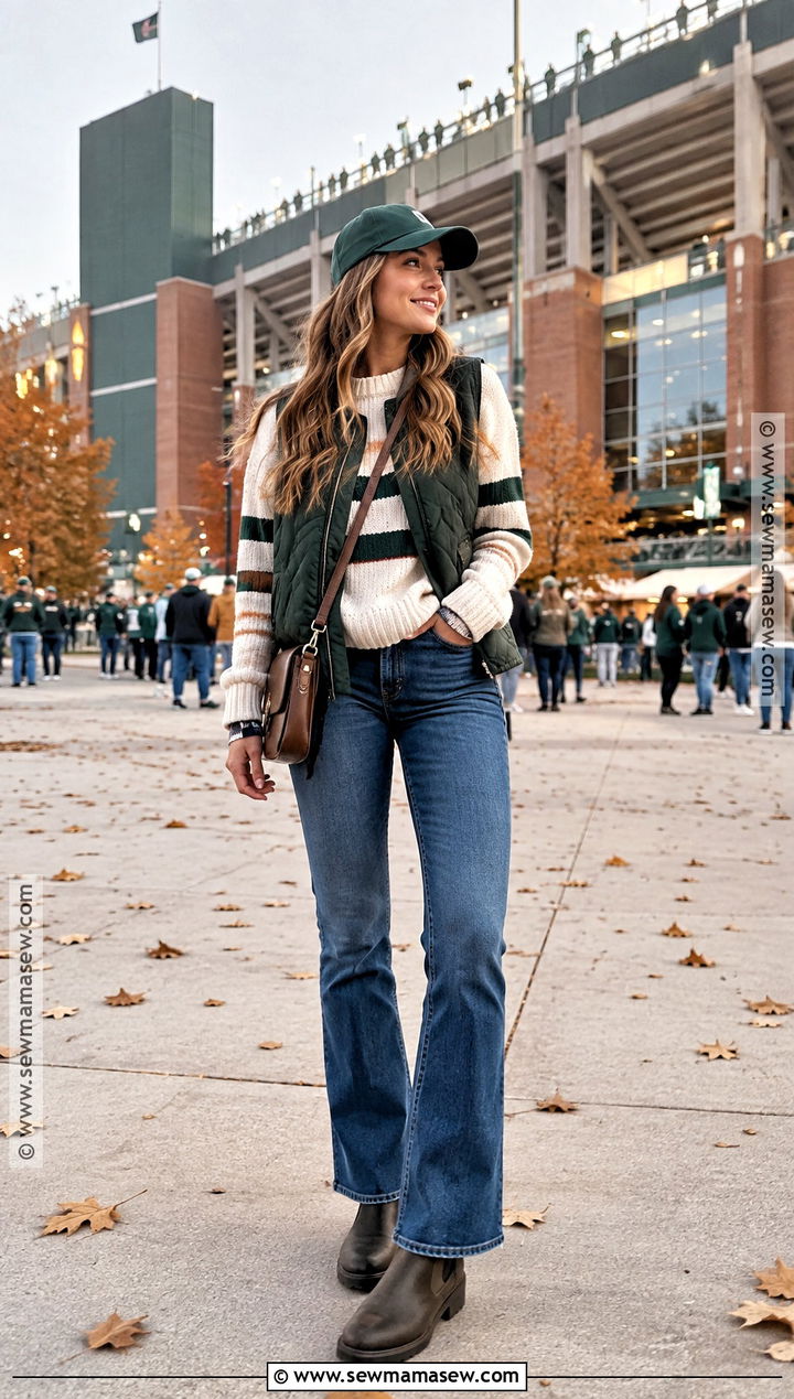 Quilted Vest With Striped Knit And Jeans - 20 Nfl Game Day Outfit Woman Fall Ideas