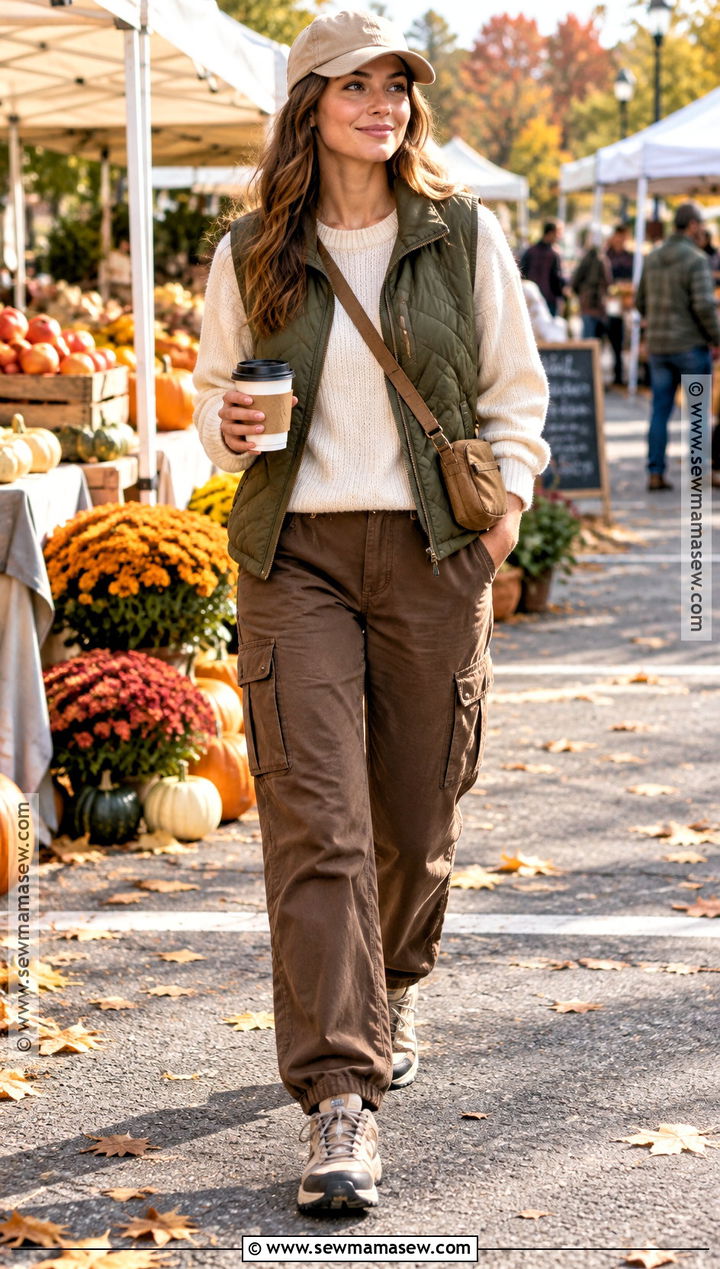 Quilted Vest With Sweater And Cargo Pants - 20 Fall Comfortable Outfits