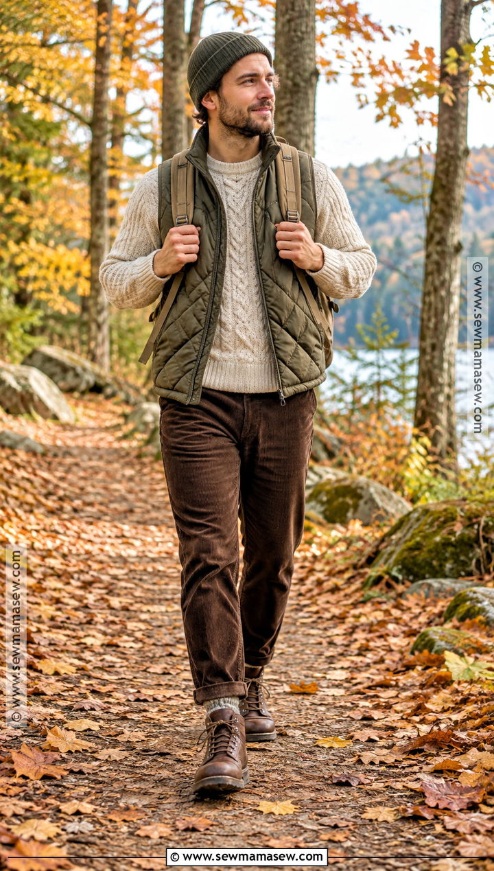 Quilted Vest With Sweater And Corduroy Pants - 20 autumn male outfit ideas
