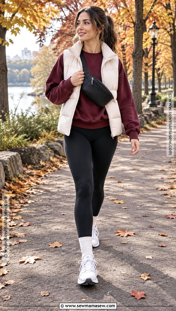 Quilted Vest With Sweatshirt And Leggings - 15 casual autumn outfits leggings