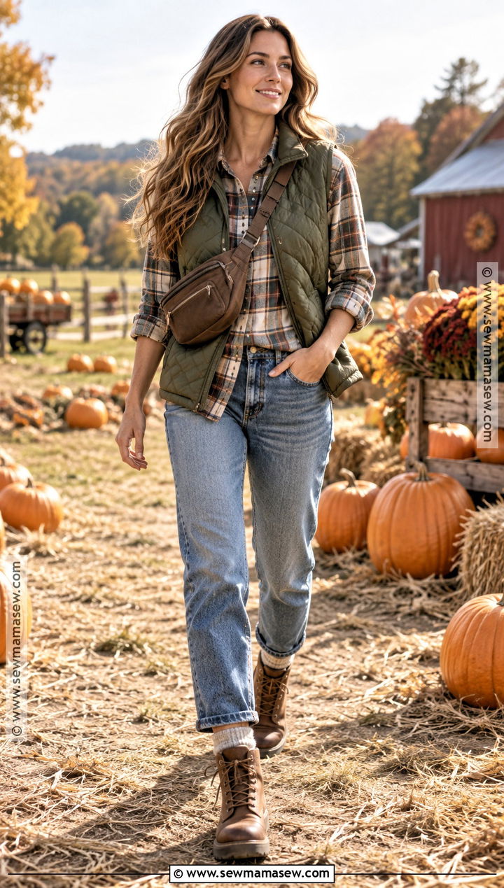 Quilted Vest and Flannel Shirt Autumn Stroll Outfit - 15 Autumn Stroll Outfit Ideas