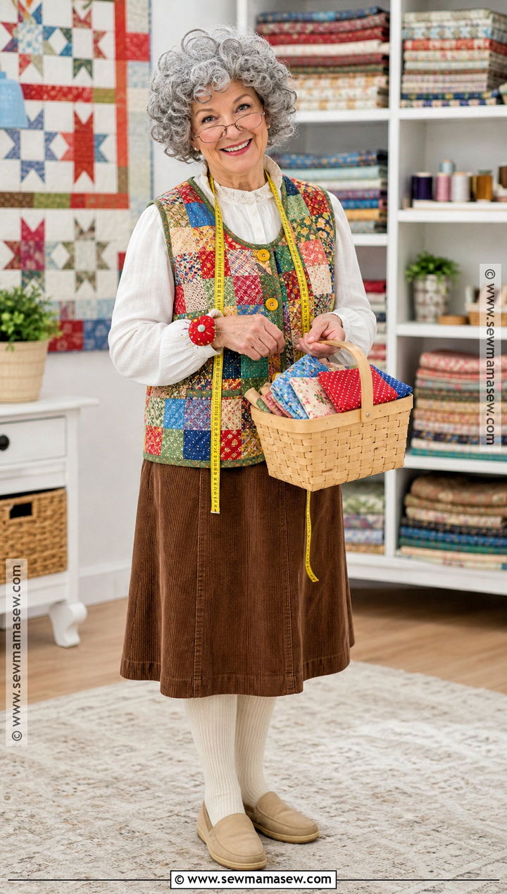 Quilting Grandma Costume With Patchwork Vest - 30 Grandma Costume Ideas for Women