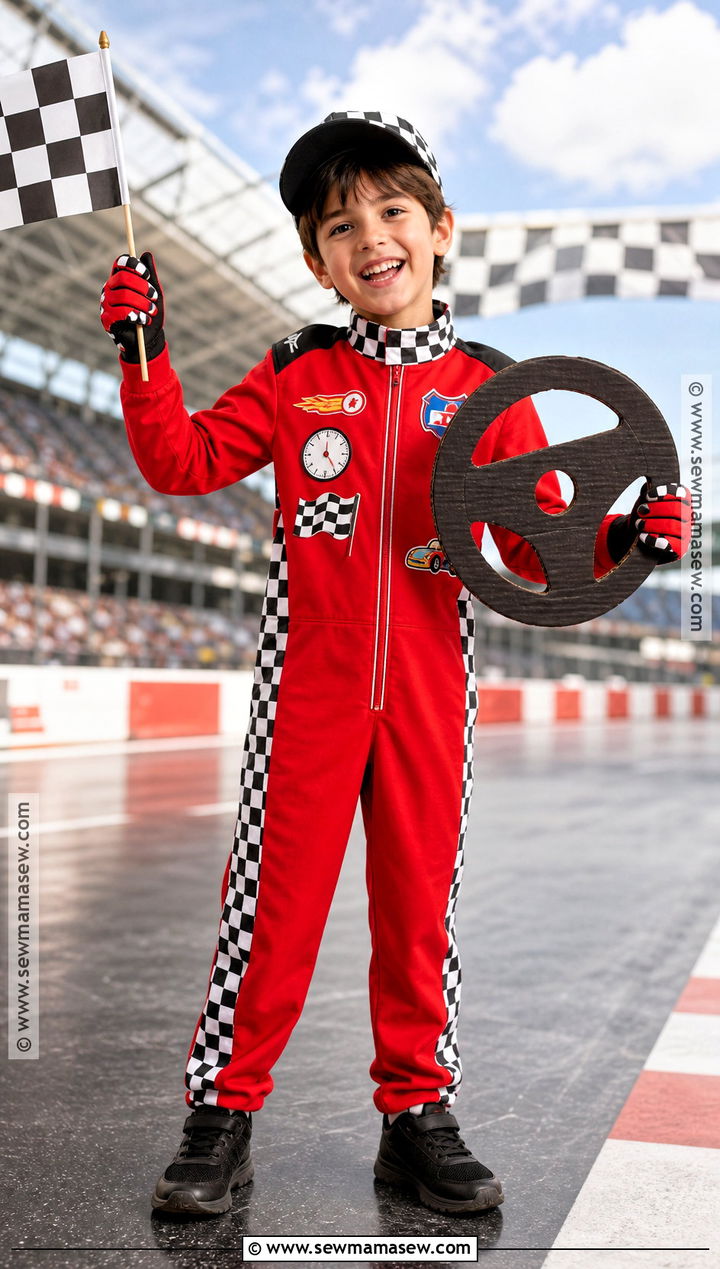 Race Car Driver Costume With Checkered Cap - 30 halloween costumes kids for boys